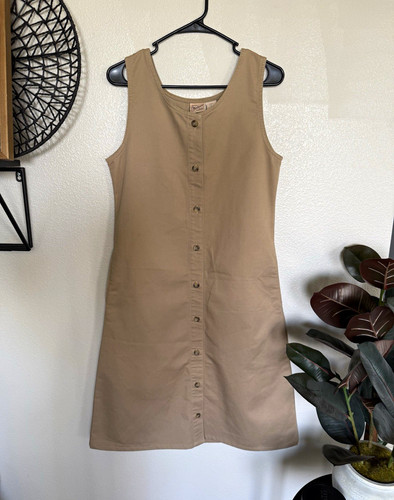 Vintage Woolrich Women’s Beige Cotton Canvas Shift Dress Scoop Neck Button 6