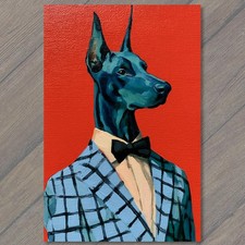 ART CARD Dog Doberman Tuxedo Bow Tie Plaid Jacket Red Background Portrait Humor