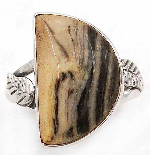 Leaf Natural Fossil Jaspar 925 Solid Sterling Silver Ring Sz 7.5, 