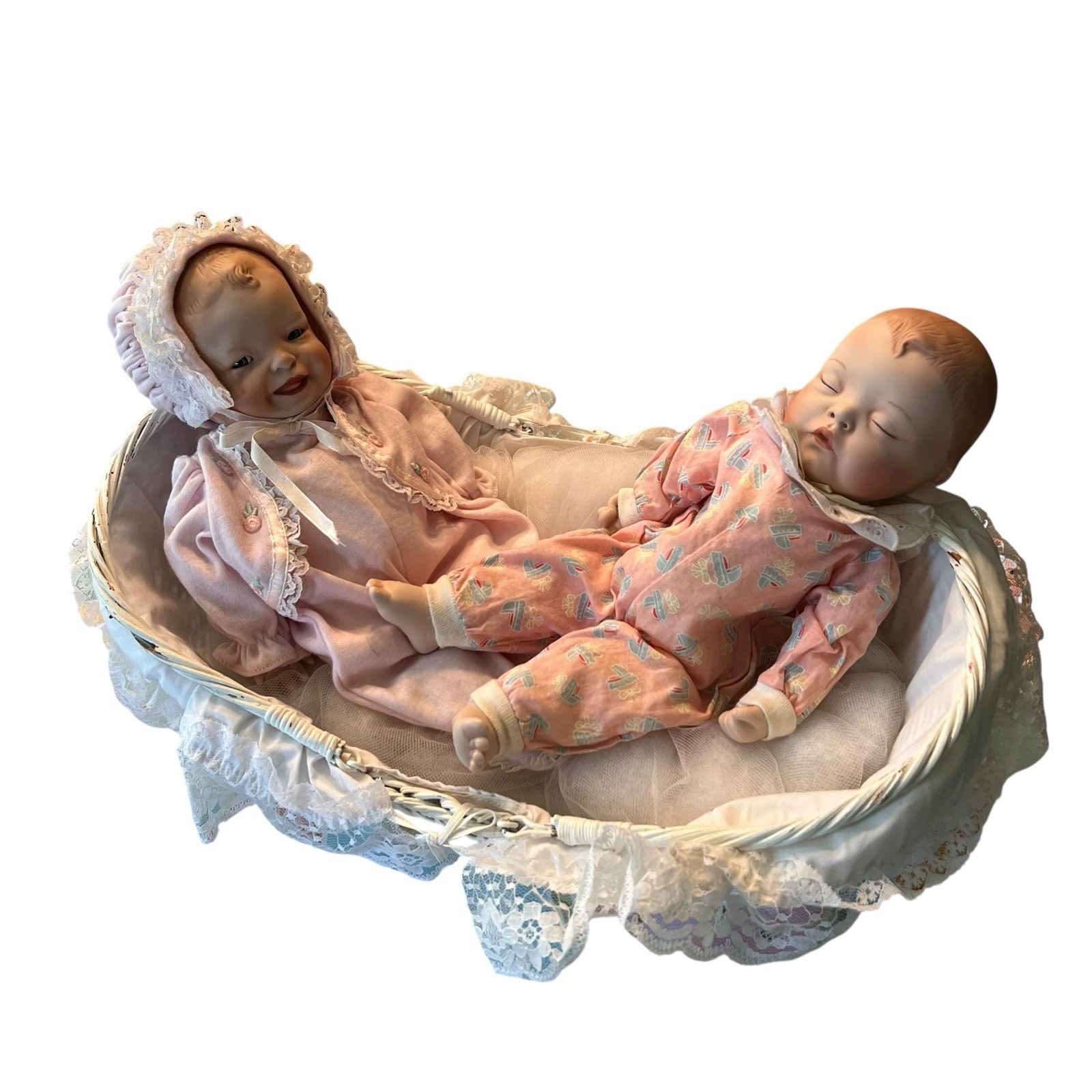 Vintage Camelot QVC Newborn Twin Dolls & Bassinet Ceramic Face Dressed in Pink