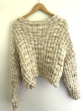 FREE PEOPLE Slouchy Cropped Sweater Chunky Knit Ivory Sz L BoHo Long Sleeve