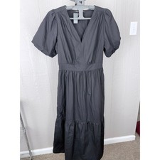 French Connection Black Puff-Sleeve Tiered Midi Dress - Size XS