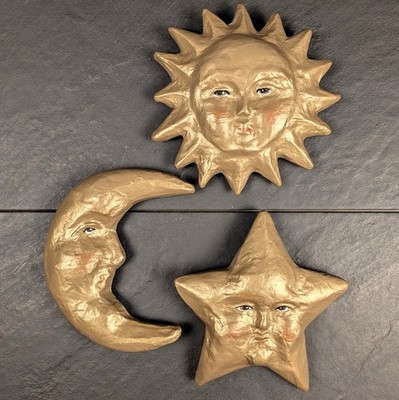 Handmade Celestial Gold Chalkware Sun Moon Star Faces Wall Plaques Set of 3 ~6''