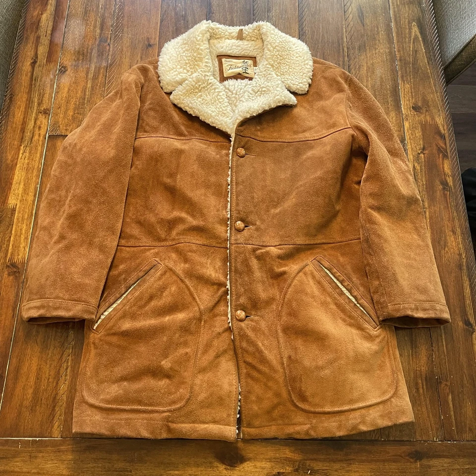 Vintage Sears Fieldmaster Coat Mens 44 Suede Sherpa Lined Brown Western 70s - Image 2 of 4