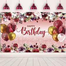 Red Flowers Gold Glitter Birthday Backdrop   Floral Happy Birthday Banner for Gi