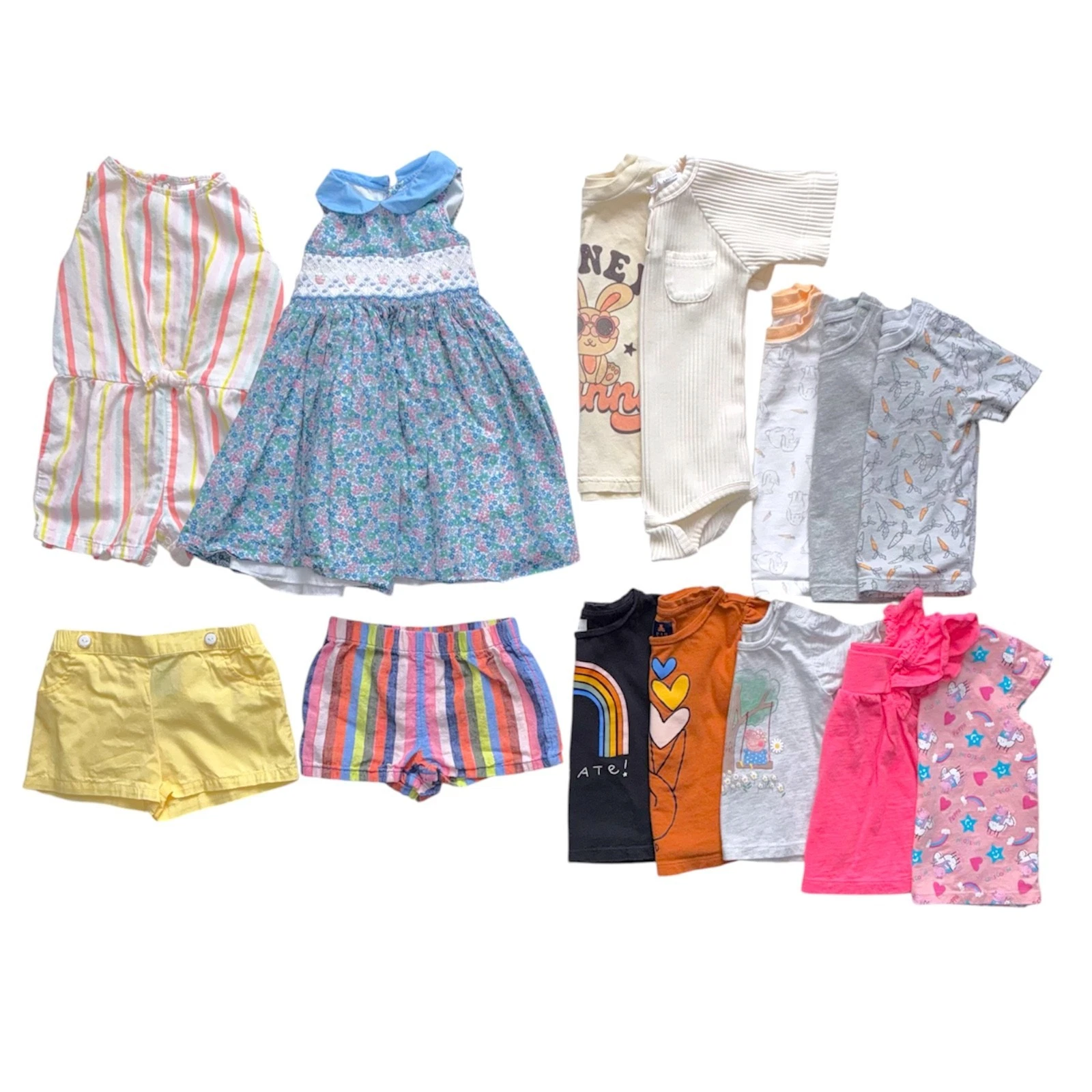 14pc Lot Girls Clothes Spring Summer T-Shirts Shorts Romper Dress Sizes 18-24M
