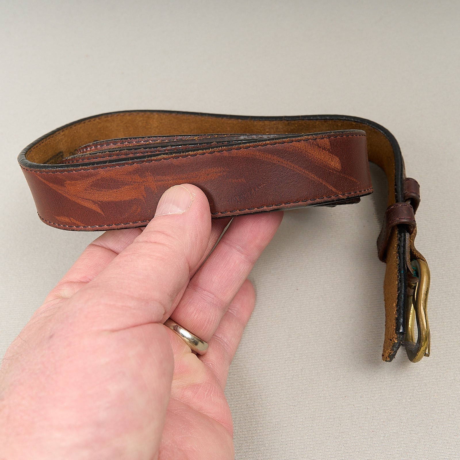 Vintage Lands End Brown Leather Ranger Belt Western Broken In Worn Fits 40 41