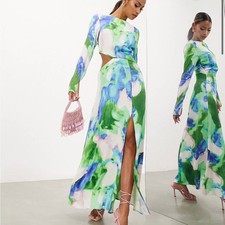 ASOS Green Blue Abstract Print Long Sleeve Maxi Dress Size 12 NWT Side Slit