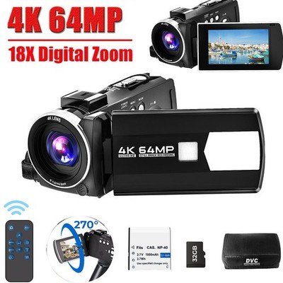 4K Video Camera 64MP Camcorder 18XZoom 3''270°Screen Vlogging Camera Youtube 32GB