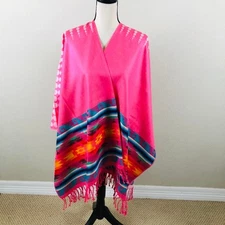 Womens Wrap Cover OS Pink Colorful Fringe Reversible Warm Cruisewear Travel