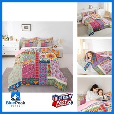 Boho Floral Queen Comforter Set,Pink Flower Patchwork Bedding Set for Kids Girls