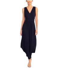 LONDON TIMES Womens V Neck Shirred Shirttail Jersey Maxi Dress, Blue, Large