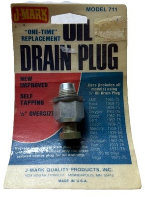 NOS J-Mark 1/2'' O/S Self Tapping Oil Drain Plug AMC Pinto Pontiac Vega Ford 711