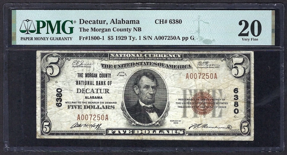 🇺🇸 AL 1929 $5 ♚♚ DECATUR, ALABAMA ♚♚ THE MORGAN COUNTY NB PMG VERY FINE 20 - Image 2 of 3