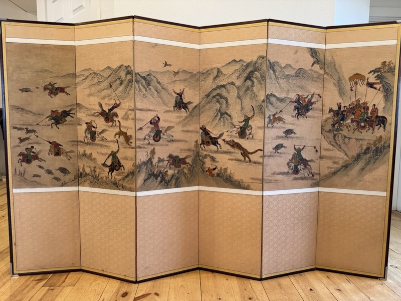 Antique Korean 6 Panel Floor Screen Hand Painted Ink on Silk chinese scrolls