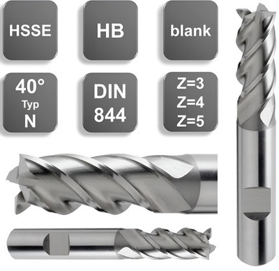 HSS-E (Co5%) Schaftfräser HB / Weldon, Typ N, DIN 844 40° Z=4 Fräser Ø 2 - 25 mm