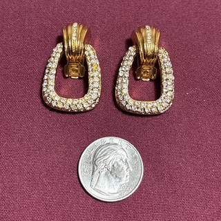 Vintage Christian Dior Gold Tone Clear Rhinestone Clip Earrings Missing Stone