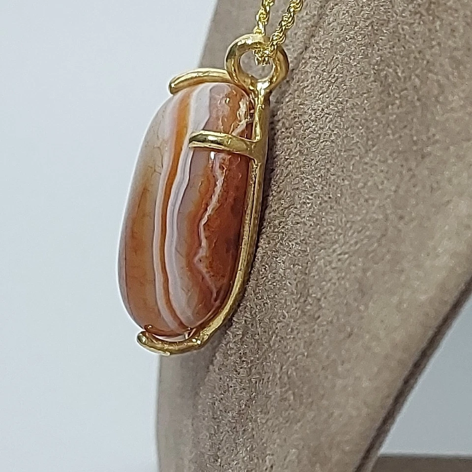 Collana Argento 925 Dorata e Ciondolo Pietra Dura Naturale Agata Marrone Striata - Immagine 3 di 4