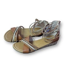 Aldo Girls Sandals Youth Size 4 Brown and Gold Zippered Back with Cork Heel