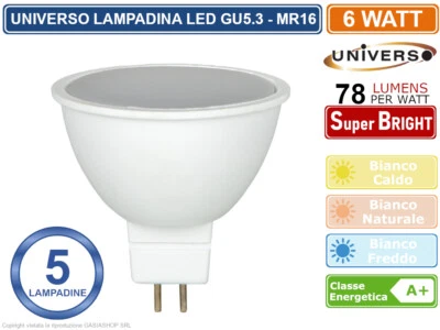 5 PEZZI UNIVERSO LAMPADINA SMD LED GU5.3 MR16 6W FARETTO SPOTLIGHT 470 LUMEN 12V