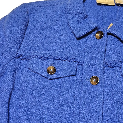 Chicos Royal Blue Tweed Button Up Textured Fringe Jacket Sz 2 /L NWT - Picture 4 of 13