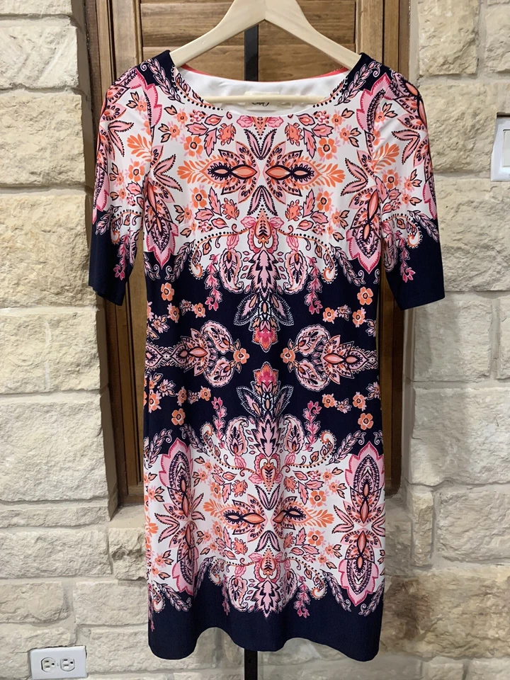 Vestido Eliza J Rosa Azul Marino Floral Paisley Talla 0 Manga Corta Clásico Refinado Foto 2 de 4