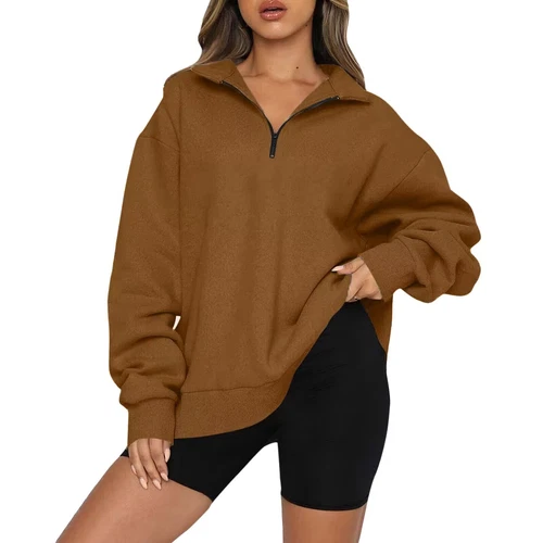 Womens Oversized Half Zip Pullover Long Sleeve Sweatshirt Hoodie Sweater Blouse - Picture 13 of 75