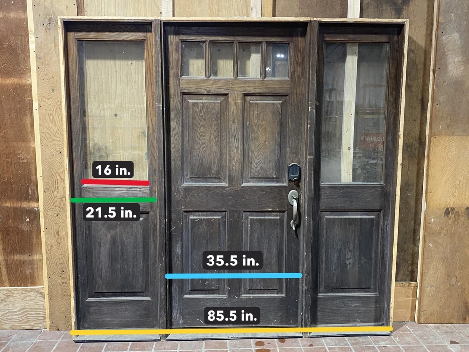 Puerta de entrada con ventanas laterales y vidrio transparente roble Foto 2 de 4