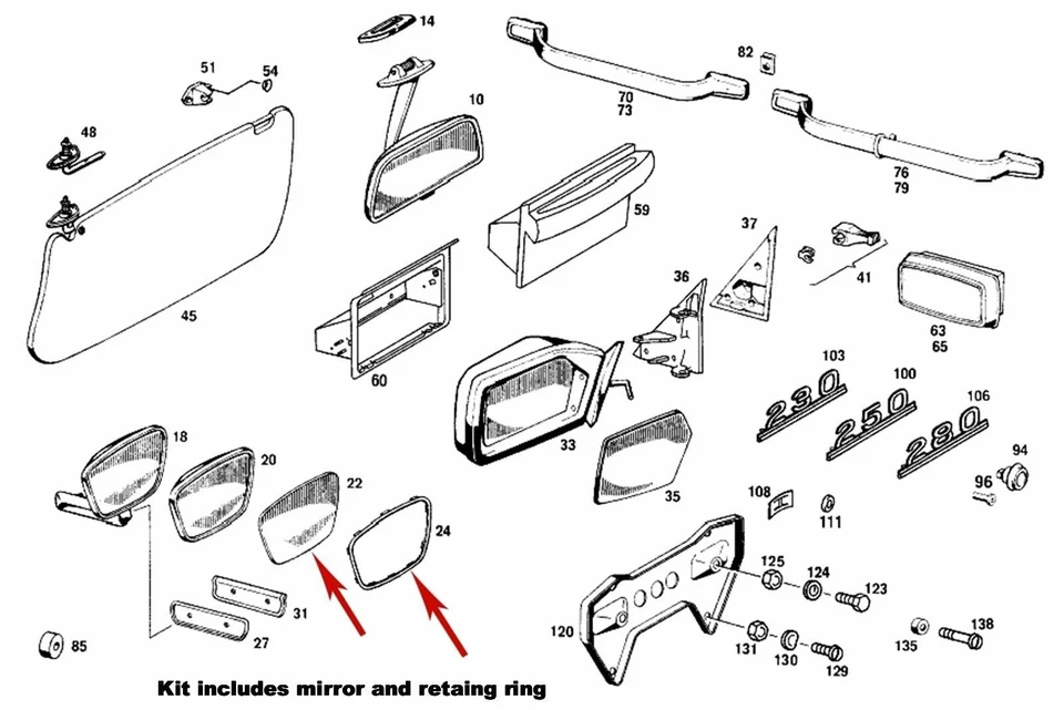 Kit de anillo de retención de vidrio y plástico espejo retrovisor exterior genuino Mercedes Benz 1968-73 Foto 2 de 2