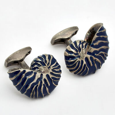 TATEOSSIAN  Silver Tone Blue Motif Nautilus Shell Cufflinks CL9186