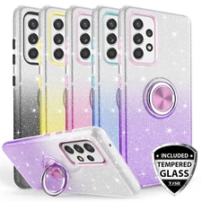 For Galaxy A54 A53 5G Ring Case Glitter TPU Bling Phone Cover+Tempered Glass
