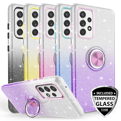For Samsung Galaxy A54 5G Ring Case Glitter TPU Bling Phone Cover+Tempered Glass