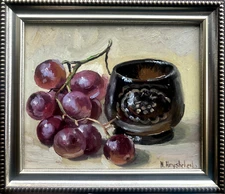 Original Oil Painting still life GRAPES and vintage ceramic vase