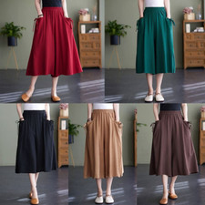 Womens Cropped Pants Wide Leg Trousers Pocket Casual Ethnic Baggy Culottes