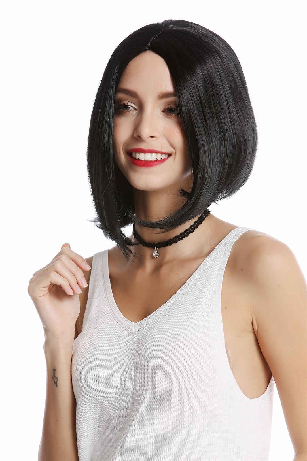 Wig Women's Short Shoulder-Length Long Bob Center Part Smooth Black