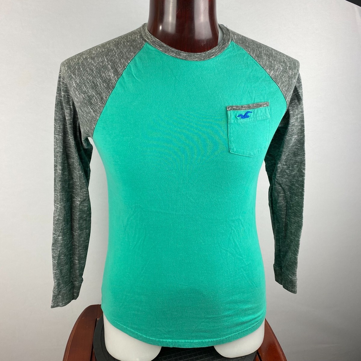 Hollister Mens Small S Green Gray Pocketed Jersey Raglan Sleeve T