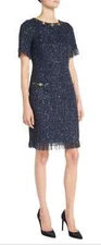 RICKIE FREEMAN FOR TERI JON DRESS BEADED FRINGE-TRIM TWEED/BOUCLE MIDI SIZE 6