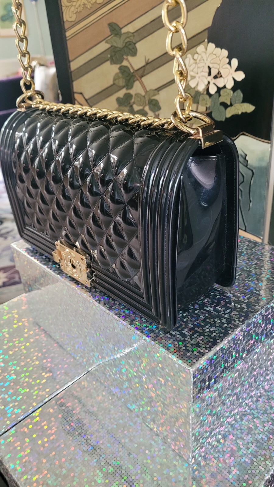 Black Patent Leather Solid Structured Handbag W G… - image 3