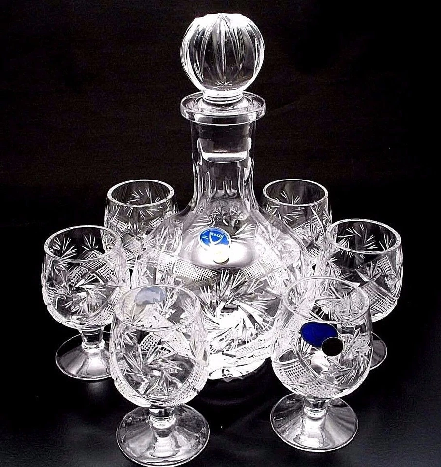 Russian Cut Crystal Glass Decanter & Set of 6 Vodka Shot Glasses USSR Glassware - Image 2 of 4