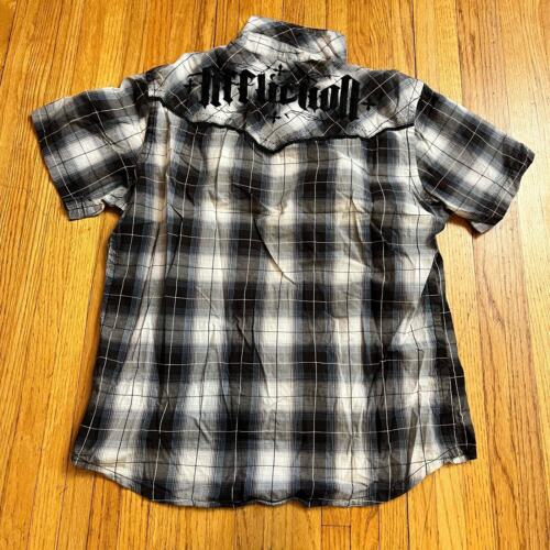 Affliction Shirt Mens Large Plaid Button Short Sleeve Blue Gray - Picture 1 of 8