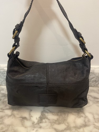 FOSSIL BLACK LEATHER SHOULDER BAG PURSE - Picture 1 of 12