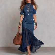 Womens Off Shoulder Maxi Dress Mesh Hem Boho Evening Party Long Dress