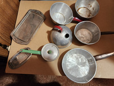 Vintage Childs Aluminum Cooking Red  Green Handle Needs Cleaning