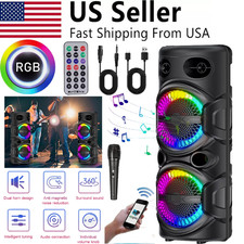 3000W Dual 8" Bluetooth Party Speaker Heavy Bass Wireless Karaoke DJ Light w/Mic