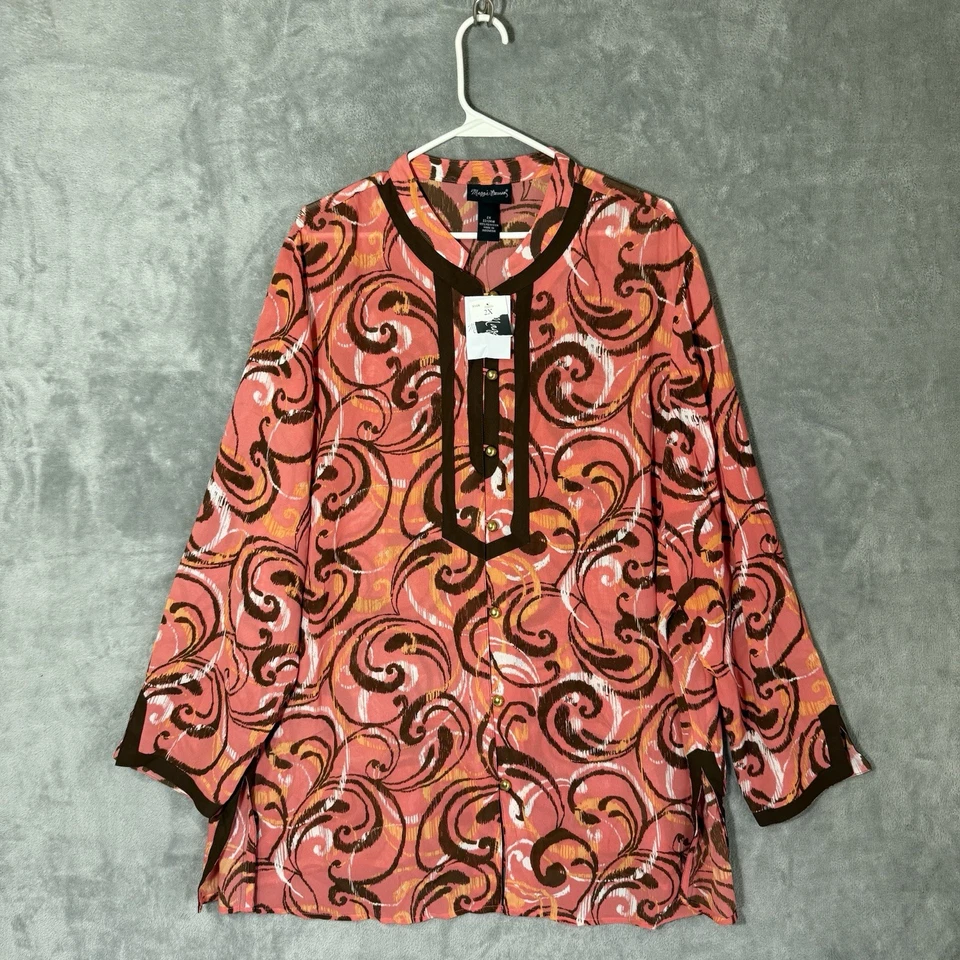 Nuevo con etiquetas Top Maggie Barnes 2X Túnica Artística Rosa Remolino Dorado Semi Transparente Ligero Foto 2 de 4
