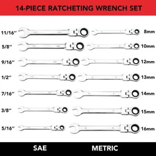 14PCS SAE & Metric Ratcheting Wrench Set Flex Head 72 Teeth Ratchet Set Steel