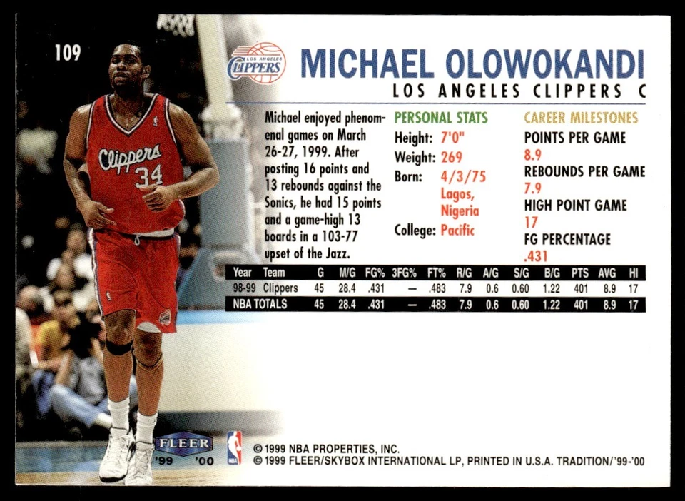 1999-00 Fleer Tradition Michael Olowokandi Los Angeles Clippers #109 - Image 2 of 2