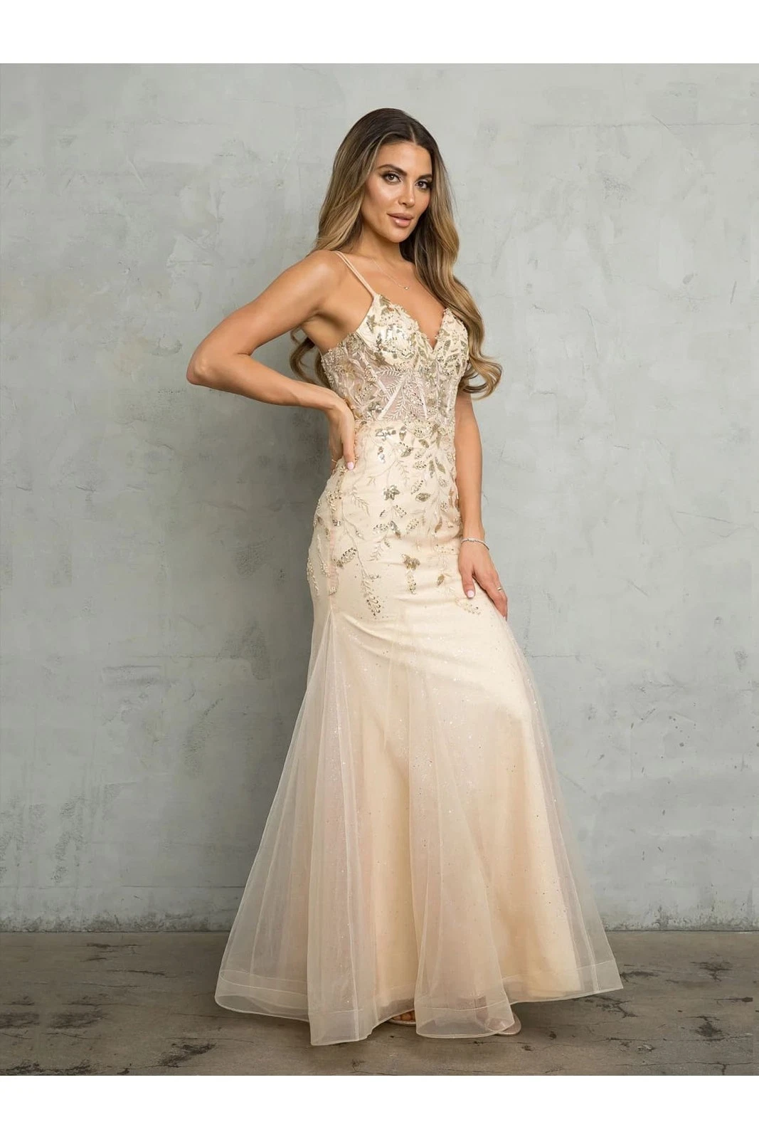 OFF WHITE Abito da ballo formale Eva USA 5257 lungo aderente con perline e paillettes