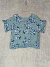 Elena Baldi Top Women's Green Floral 100 Linen Blouse Italy Size Small boxy