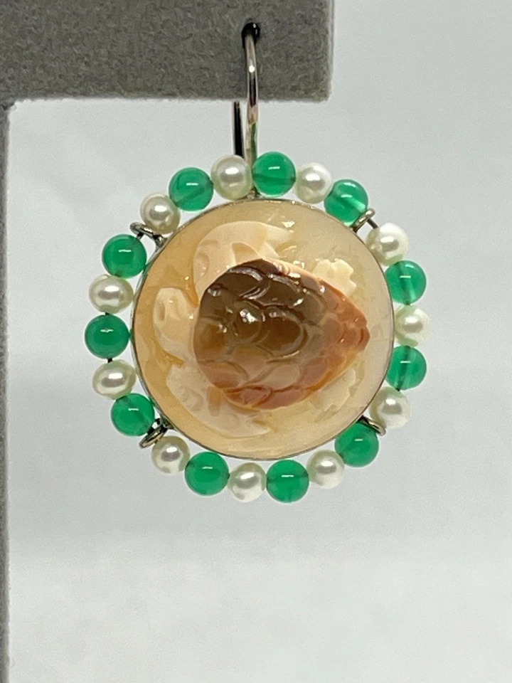 Orecchini in Argento 925 con Cammei Corniola Tartarughe, Perle e Avventurina - Immagine 4 di 4